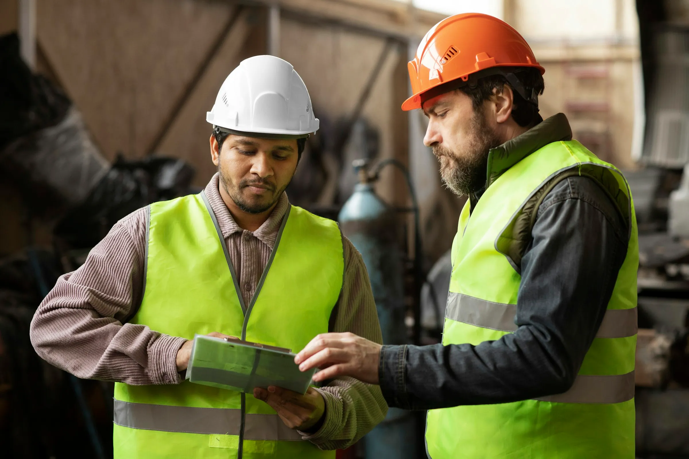 Zwei Personen mit Helmen besprechen sich über einem Tablet in einer Industriehalle