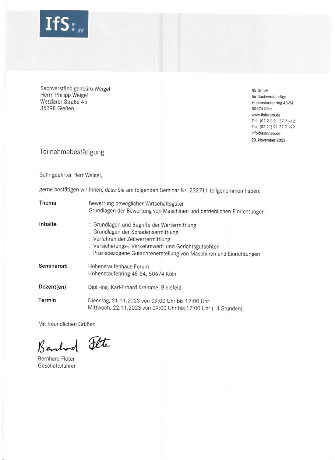 Teilnahmebestätigung - Bewertung beweglicher Wirtschaftsgüter (Großansicht öffnen)