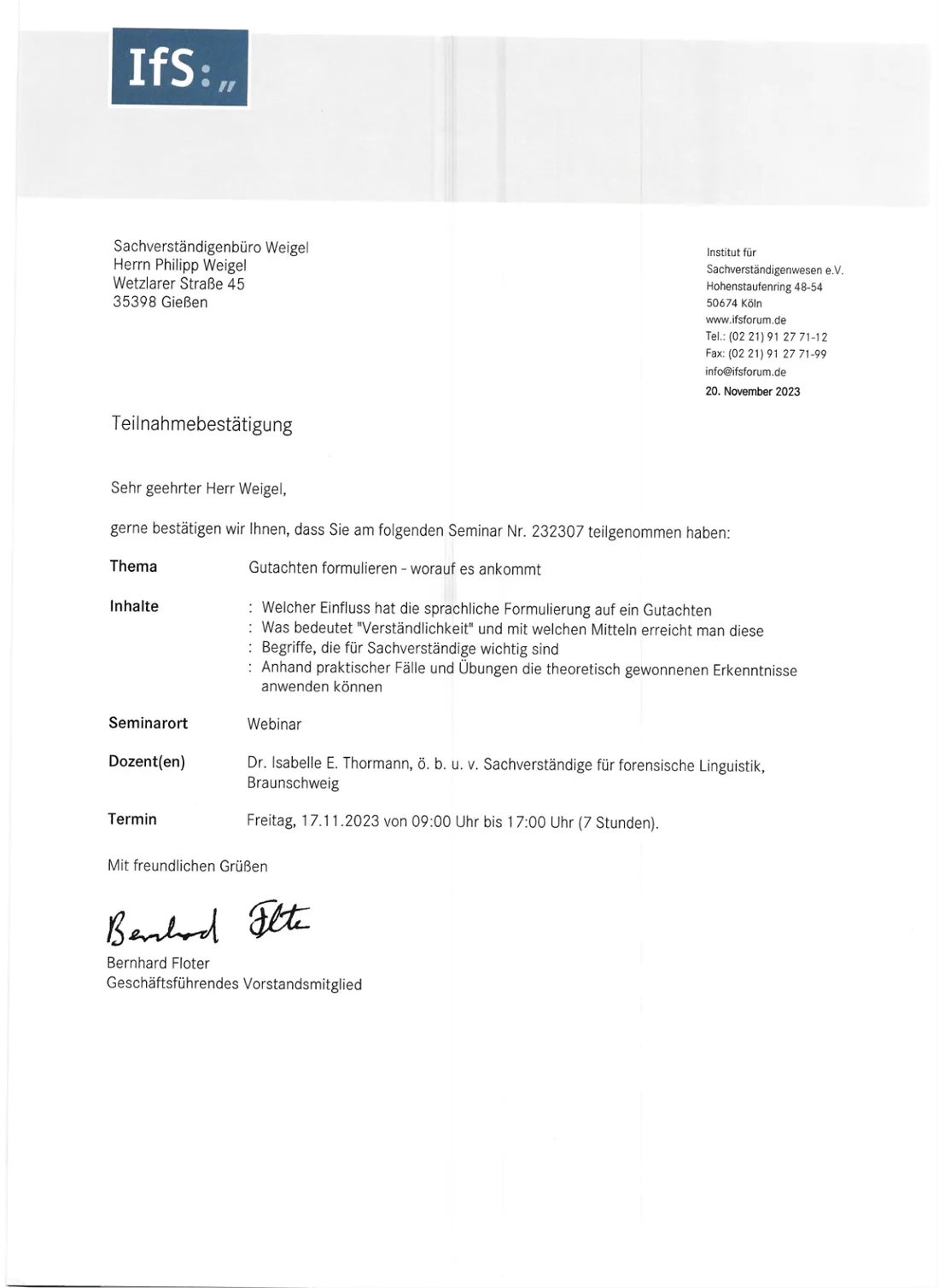 Teilnahmebestätigung - Webinar Gutachten formulieren (Großansicht öffnen)