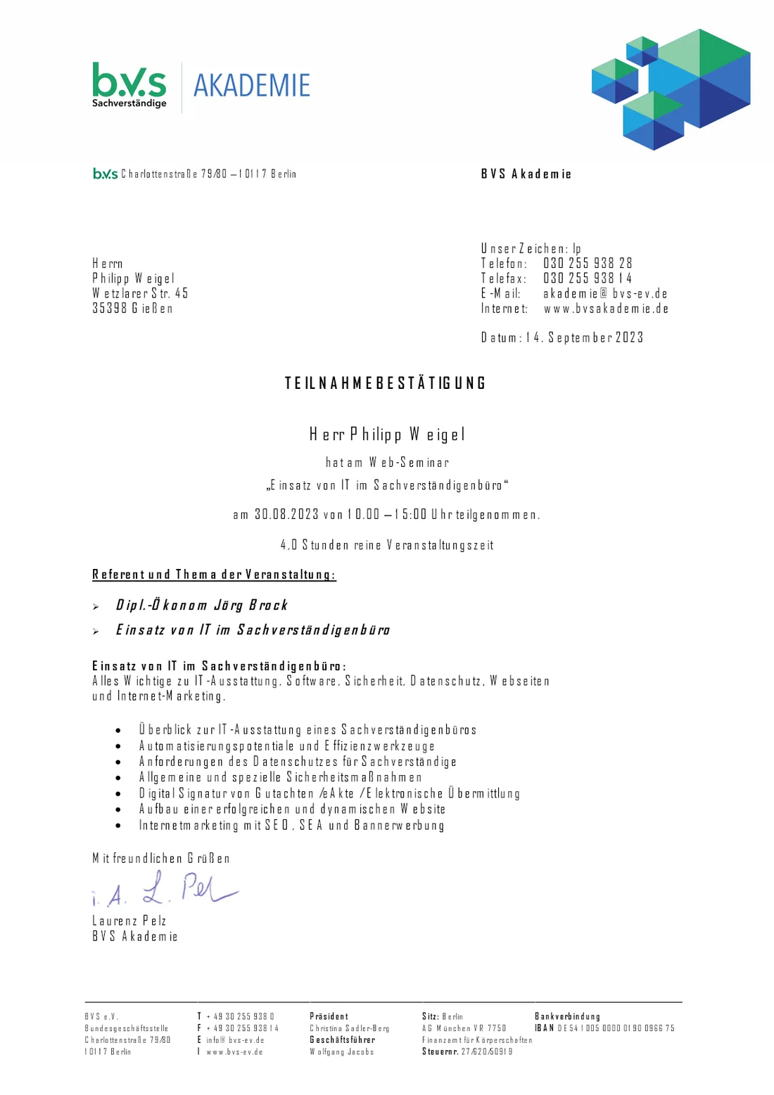 Teilnahmebestätigung B.V.S - IT im SVB 30.08.2023 (Großansicht öffnen)